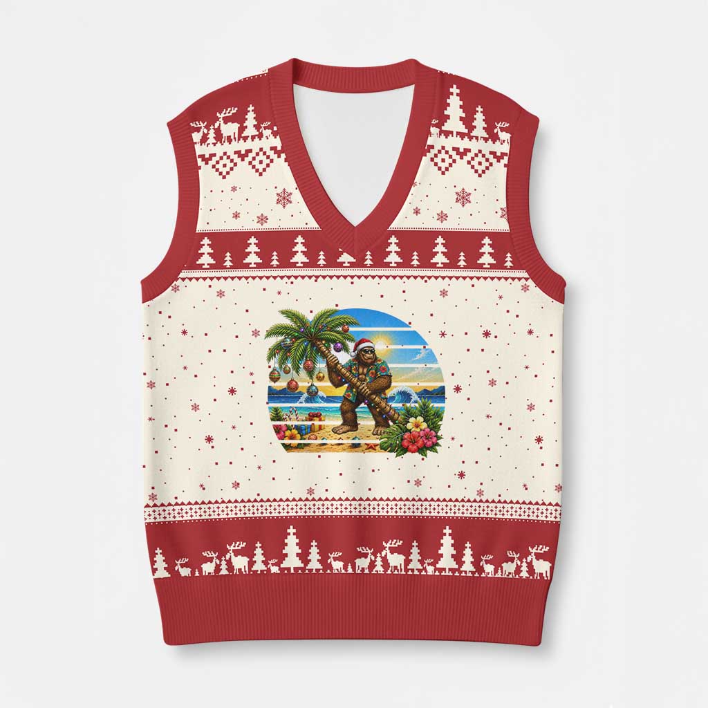 Funny Christmas In July Bigfoot V-Neck Knit Sweater Vest Tropical Vacation Graphic