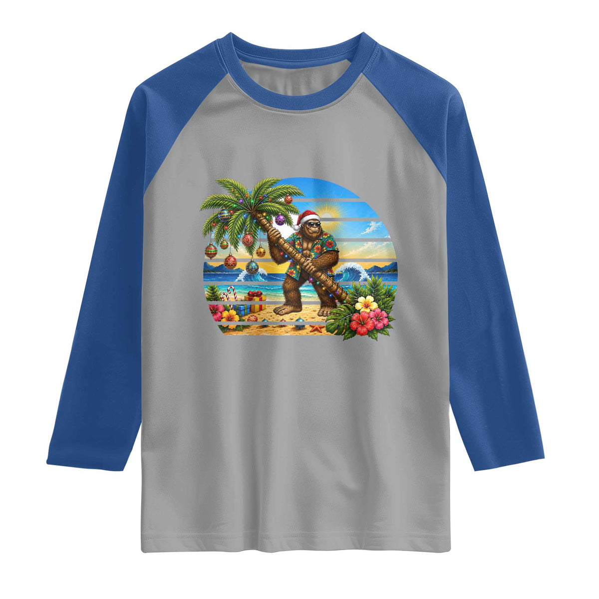 Funny Christmas In July Bigfoot Raglan Shirt Tropical Vacation Graphic