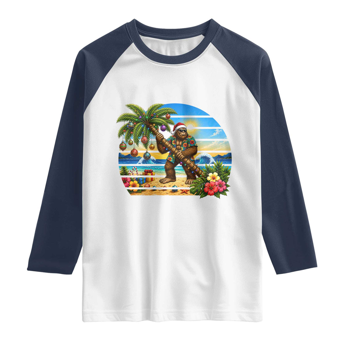 Funny Christmas In July Bigfoot Raglan Shirt Tropical Vacation Graphic