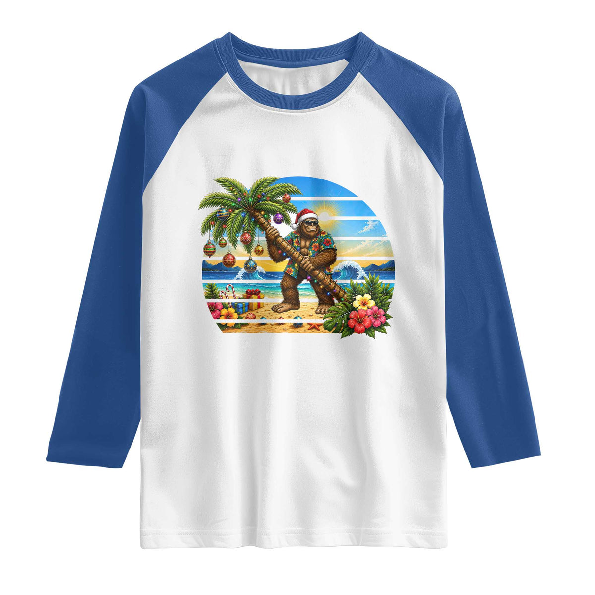Funny Christmas In July Bigfoot Raglan Shirt Tropical Vacation Graphic
