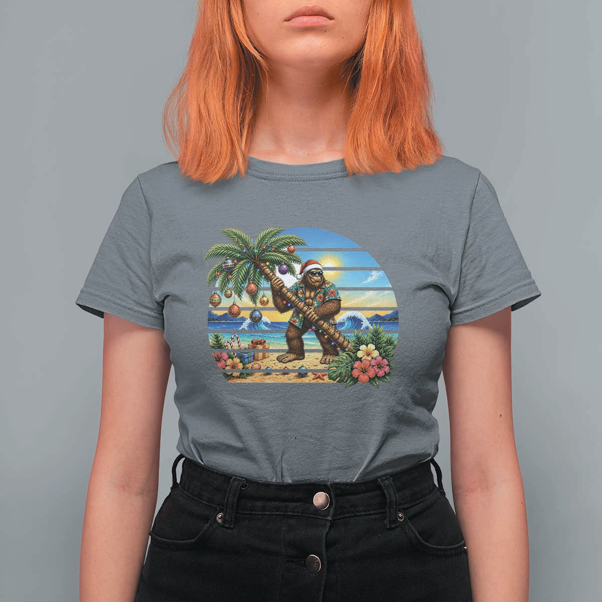 Funny Christmas In July Bigfoot T Shirt For Women Tropical Vacation Graphic