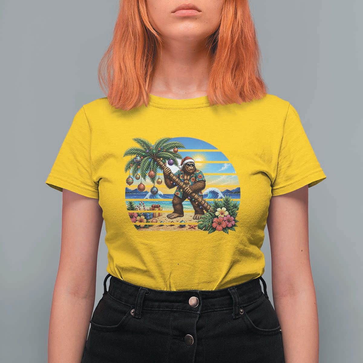 Funny Christmas In July Bigfoot T Shirt For Women Tropical Vacation Graphic
