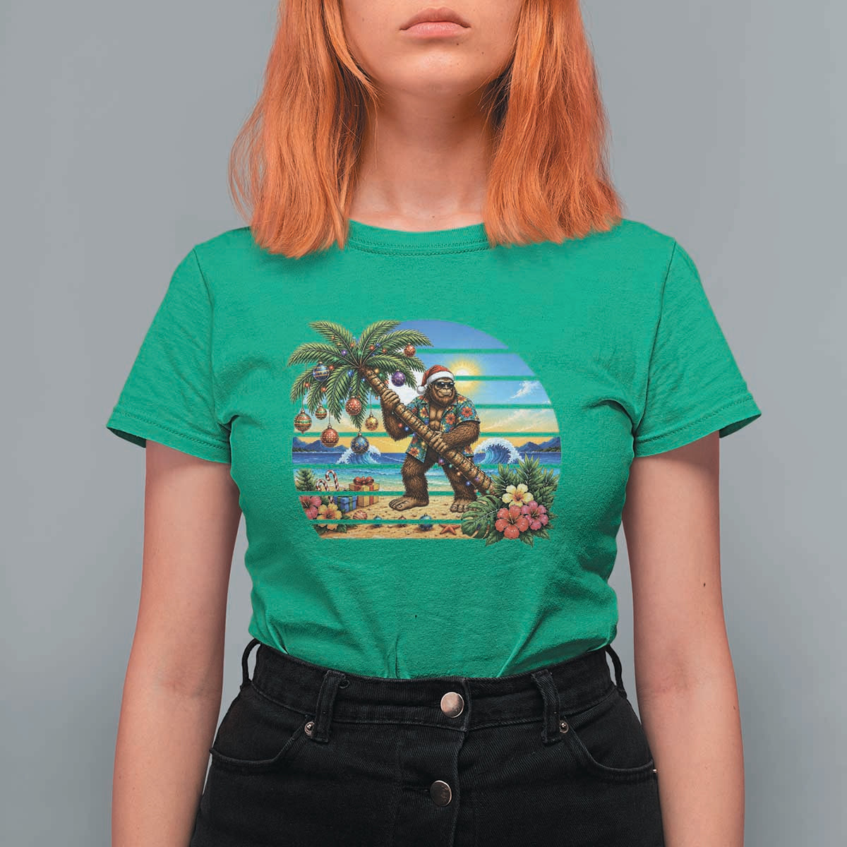 Funny Christmas In July Bigfoot T Shirt For Women Tropical Vacation Graphic