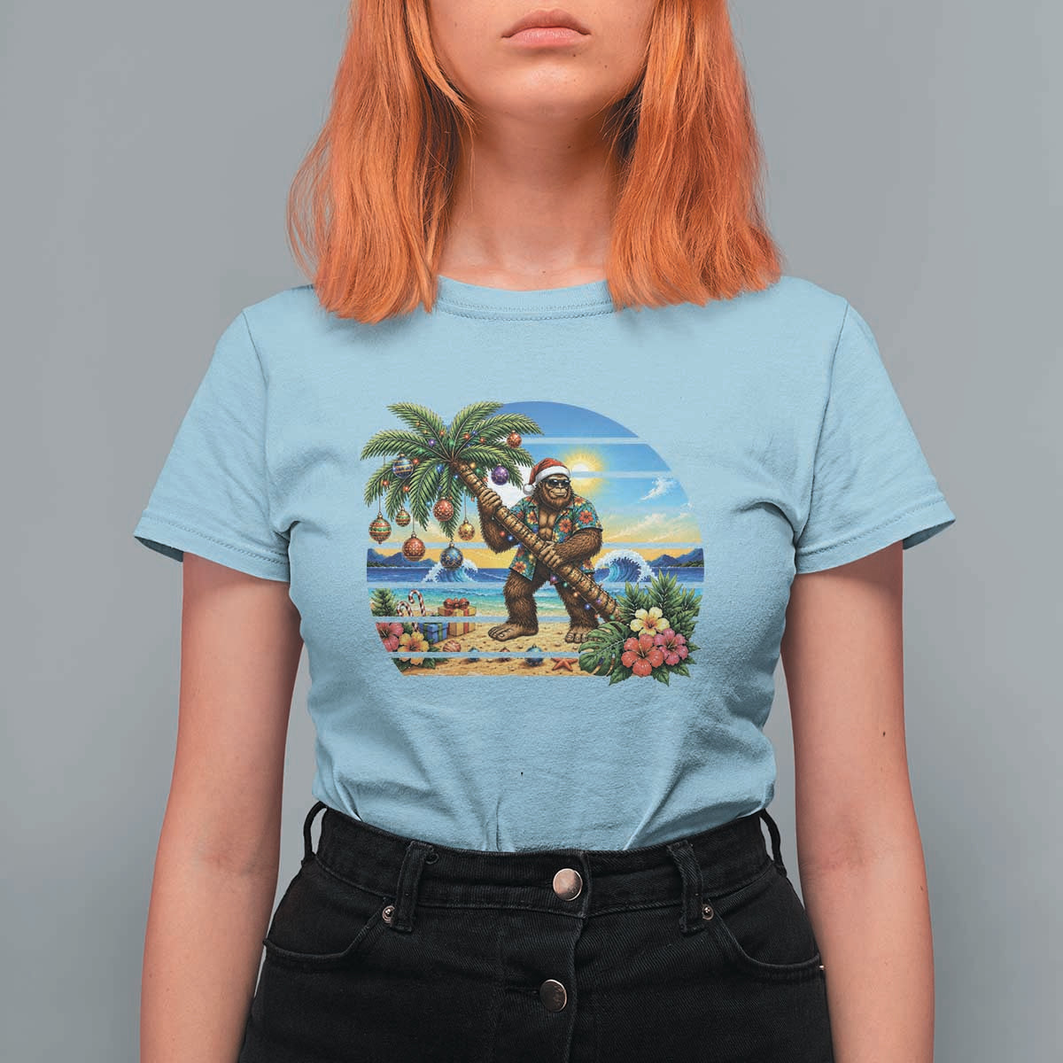 Funny Christmas In July Bigfoot T Shirt For Women Tropical Vacation Graphic