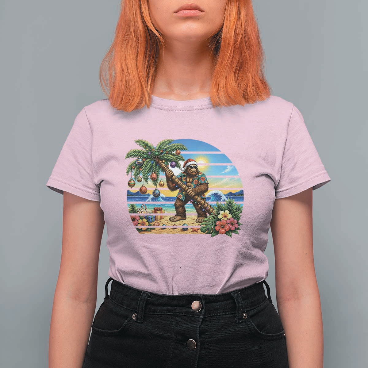 Funny Christmas In July Bigfoot T Shirt For Women Tropical Vacation Graphic