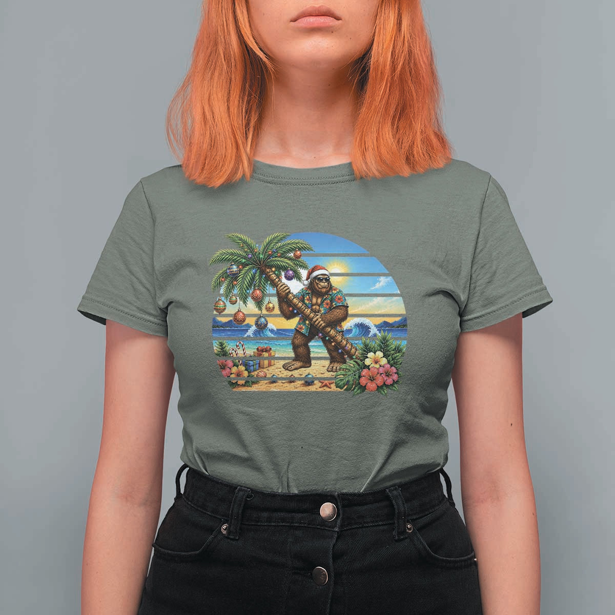 Funny Christmas In July Bigfoot T Shirt For Women Tropical Vacation Graphic
