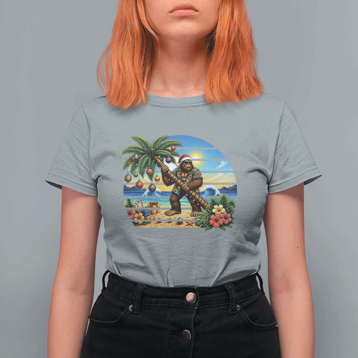 Funny Christmas In July Bigfoot T Shirt For Women Tropical Vacation Graphic