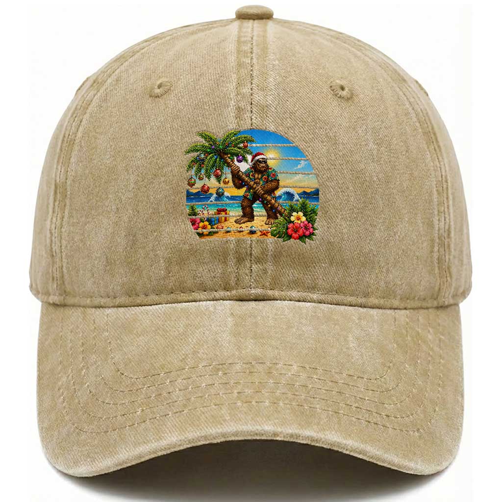Funny Christmas In July Bigfoot Washed Cotton Baseball Cap Tropical Vacation Graphic