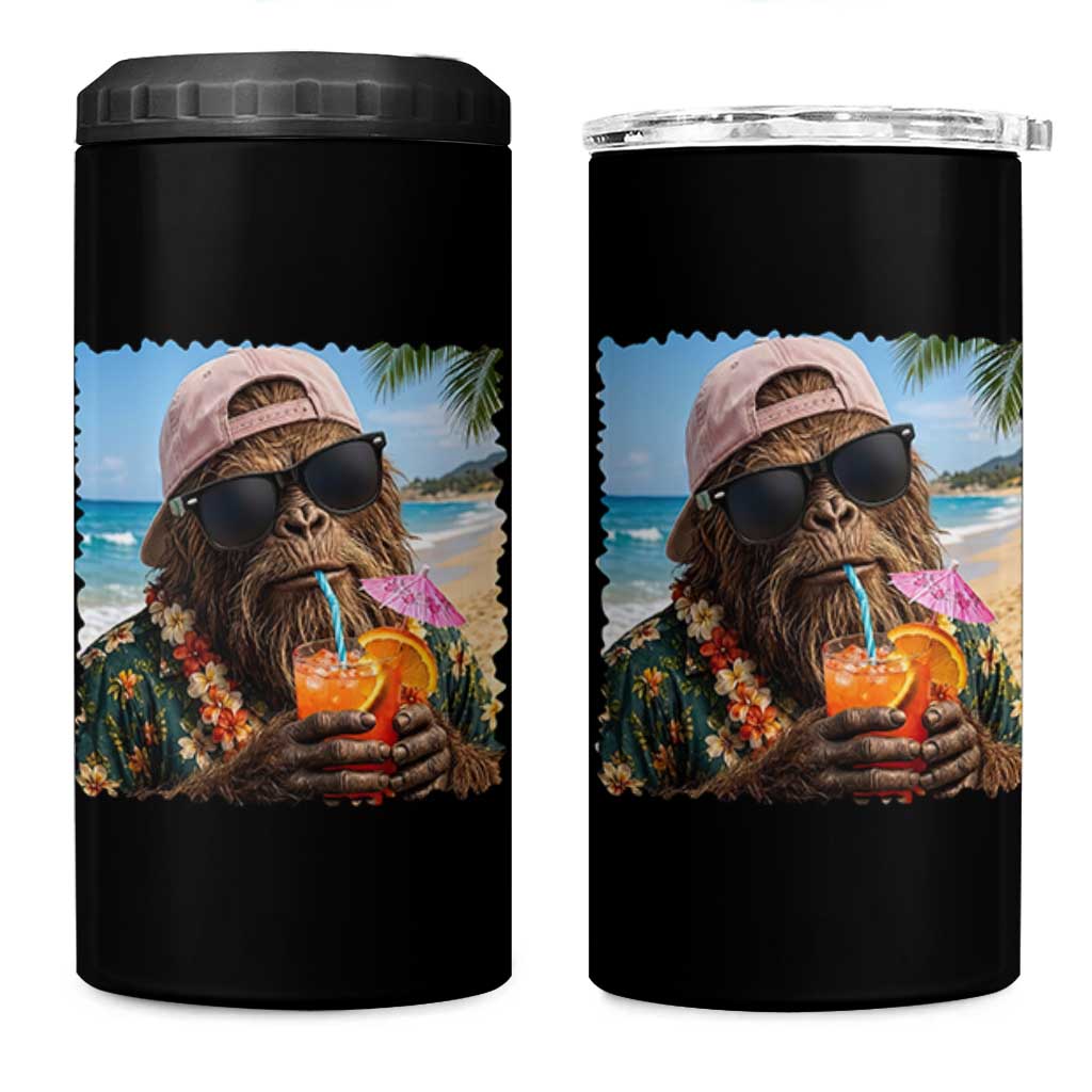 Funny Hawaiian Bigfoot 4 in 1 Can Cooler Tumbler Tropical Beach Party Graphic