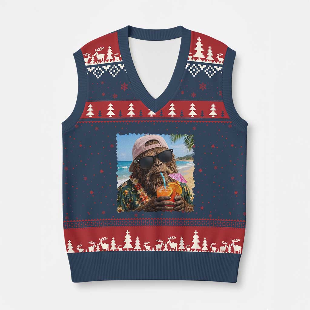 Funny Hawaiian Bigfoot V-Neck Knit Sweater Vest Tropical Beach Party Graphic