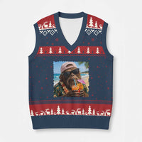 Funny Hawaiian Bigfoot V-Neck Knit Sweater Vest Tropical Beach Party Graphic