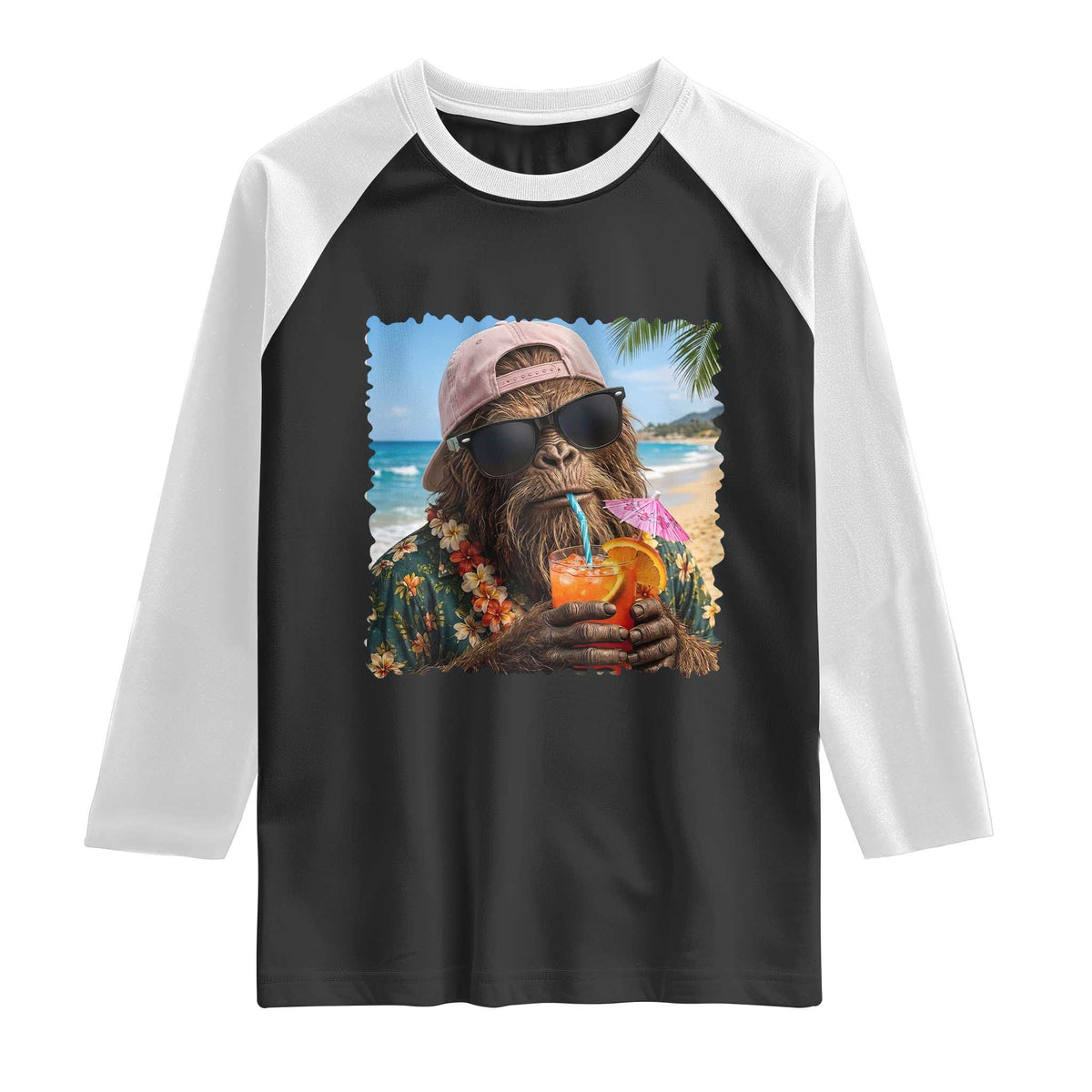Funny Hawaiian Bigfoot Raglan Shirt Tropical Beach Party Graphic