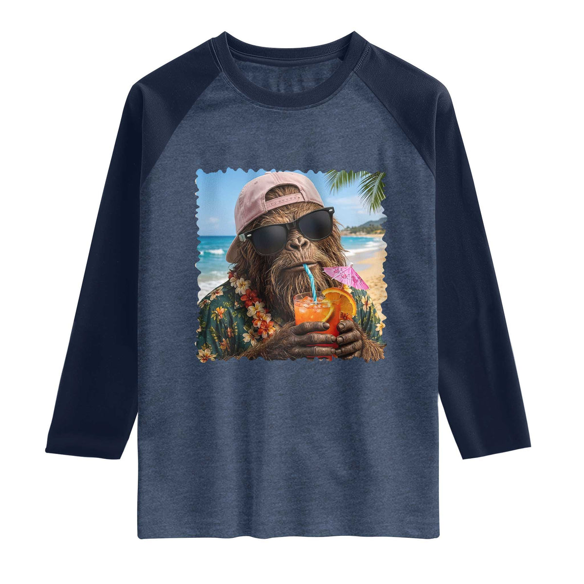Funny Hawaiian Bigfoot Raglan Shirt Tropical Beach Party Graphic