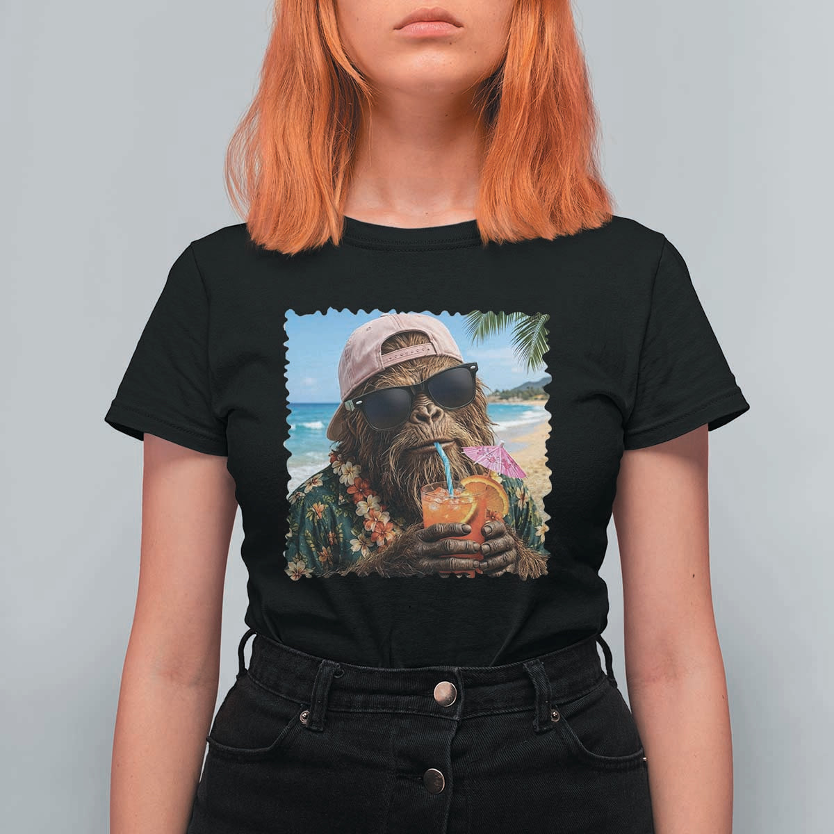 Funny Hawaiian Bigfoot T Shirt For Women Tropical Beach Party Graphic