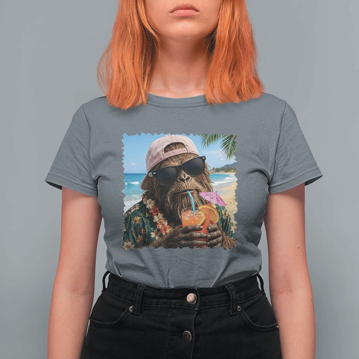 Funny Hawaiian Bigfoot T Shirt For Women Tropical Beach Party Graphic