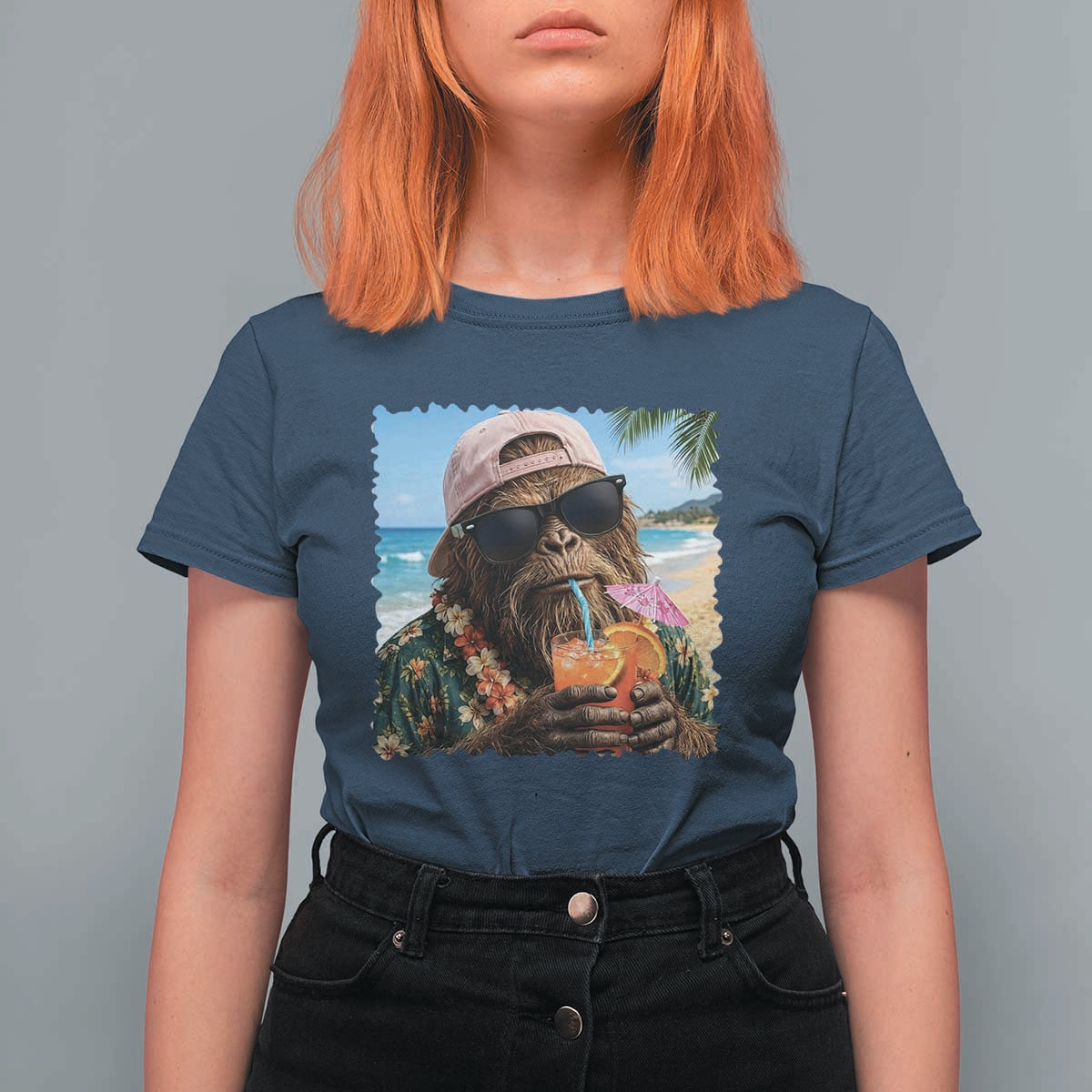Funny Hawaiian Bigfoot T Shirt For Women Tropical Beach Party Graphic