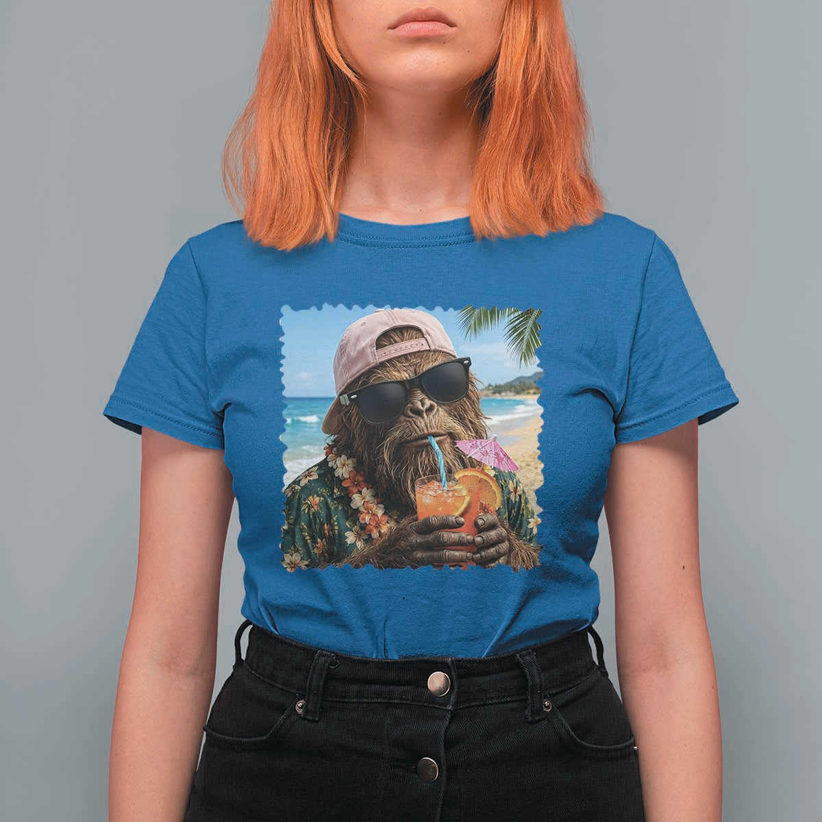 Funny Hawaiian Bigfoot T Shirt For Women Tropical Beach Party Graphic