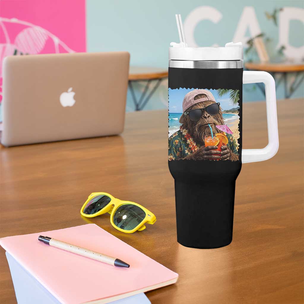 Funny Hawaiian Bigfoot Tumbler With Handle Tropical Beach Party Graphic
