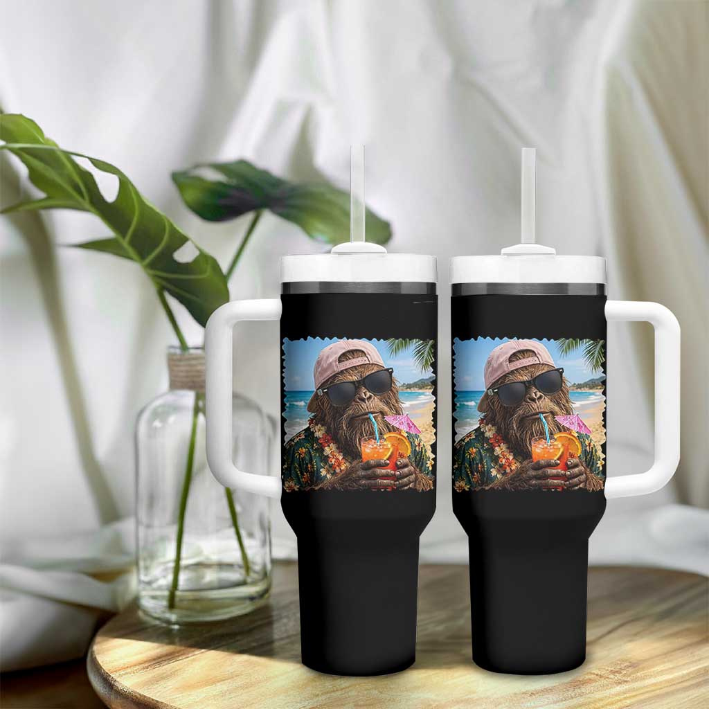 Funny Hawaiian Bigfoot Tumbler With Handle Tropical Beach Party Graphic
