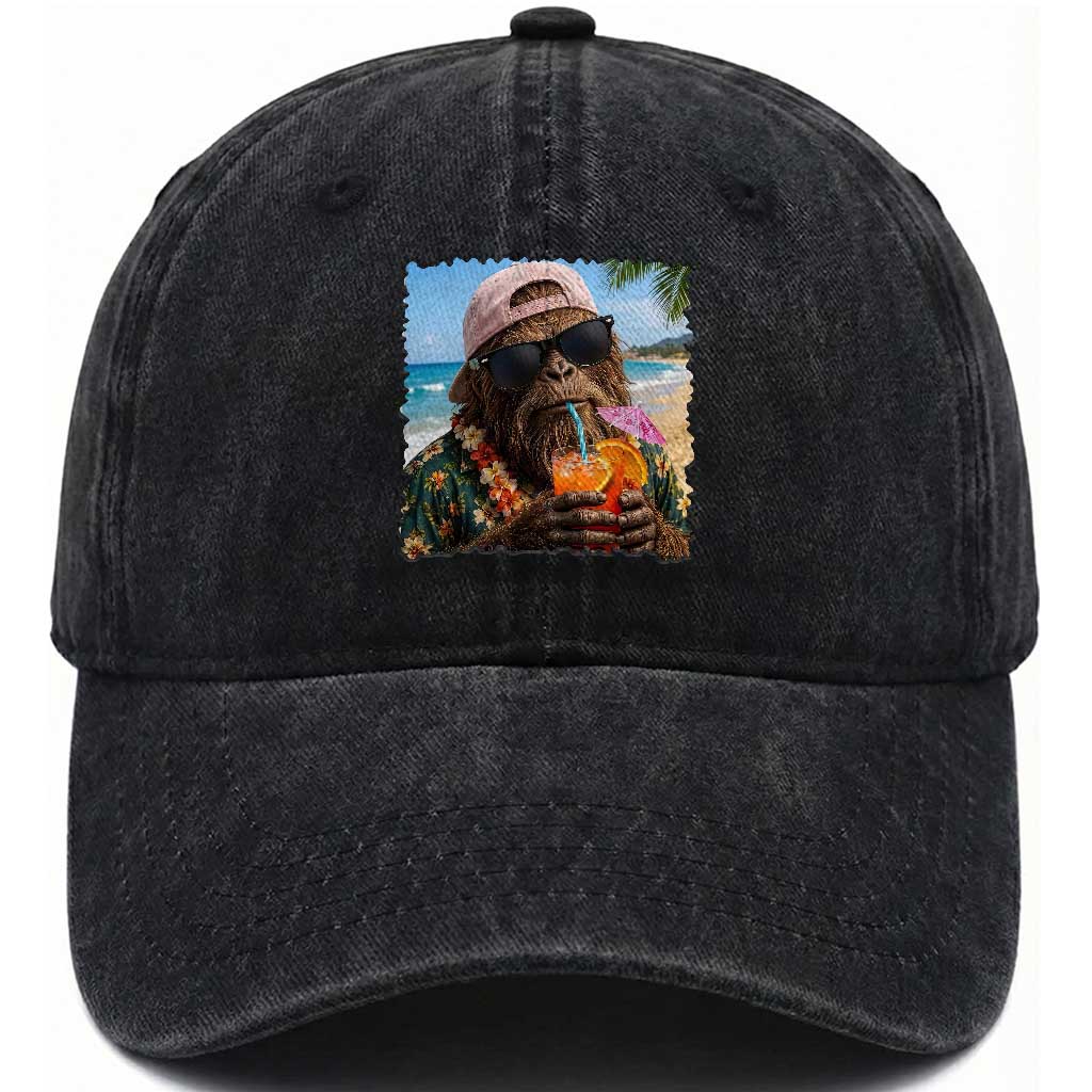 Funny Hawaiian Bigfoot Washed Cotton Baseball Cap Tropical Beach Party Graphic
