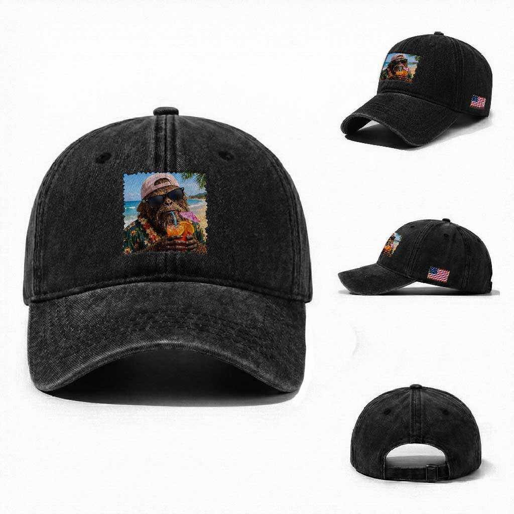 Funny Hawaiian Bigfoot Washed Cotton Baseball Cap Tropical Beach Party Graphic