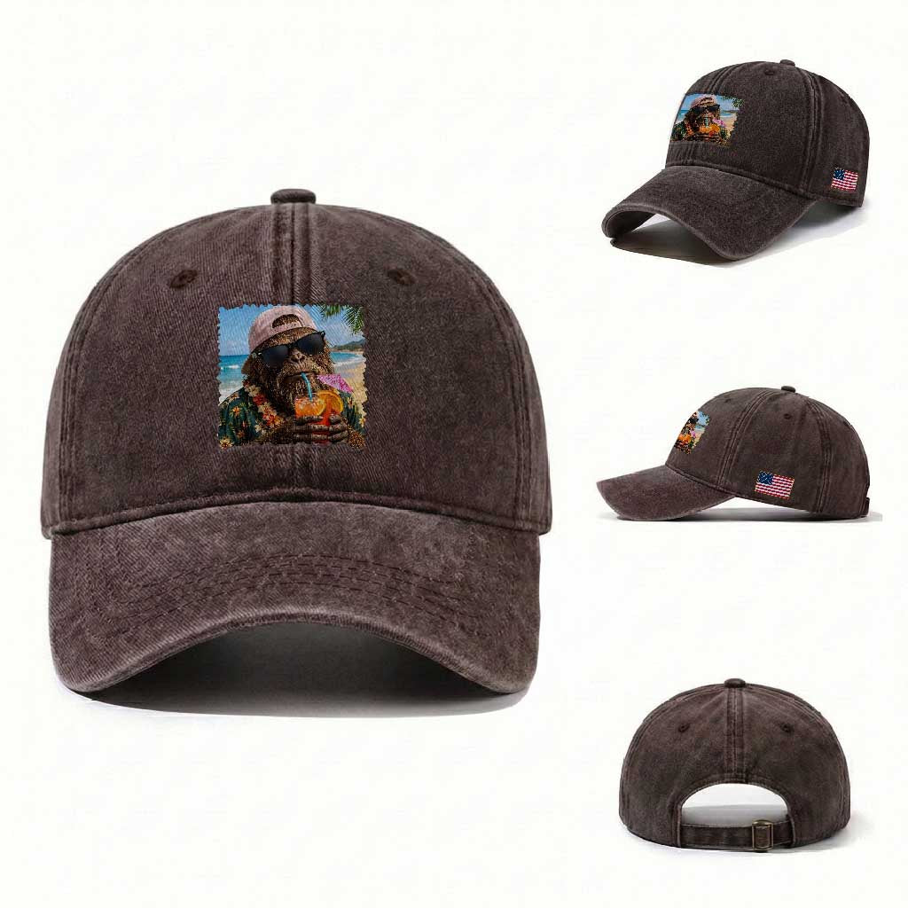 Funny Hawaiian Bigfoot Washed Cotton Baseball Cap Tropical Beach Party Graphic