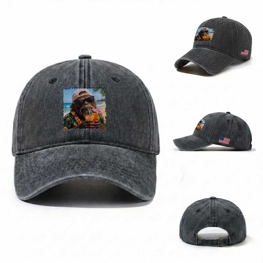 Funny Hawaiian Bigfoot Washed Cotton Baseball Cap Tropical Beach Party Graphic