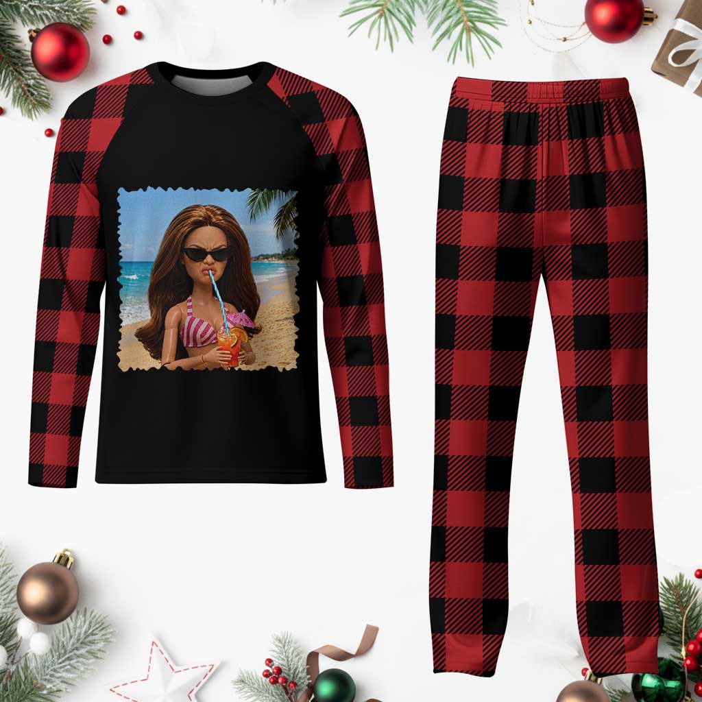Funny Summer Doll Face Meme Plaid Pajama Set Tropical Beach Party Graphic