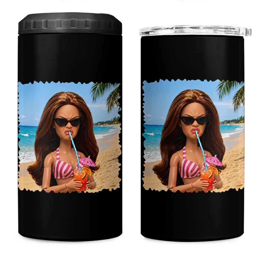 Funny Summer Doll Face Meme 4 in 1 Can Cooler Tumbler Tropical Beach Party Graphic