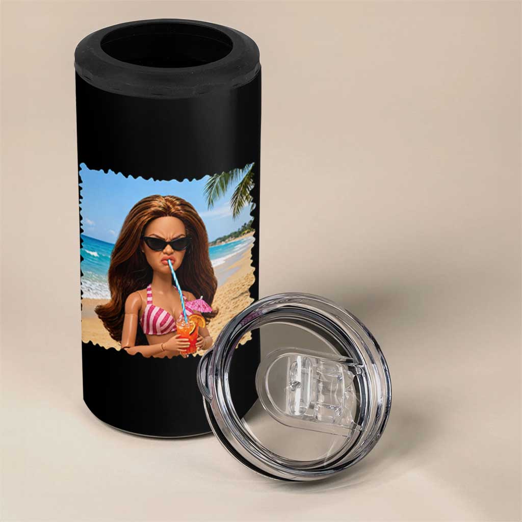 Funny Summer Doll Face Meme 4 in 1 Can Cooler Tumbler Tropical Beach Party Graphic