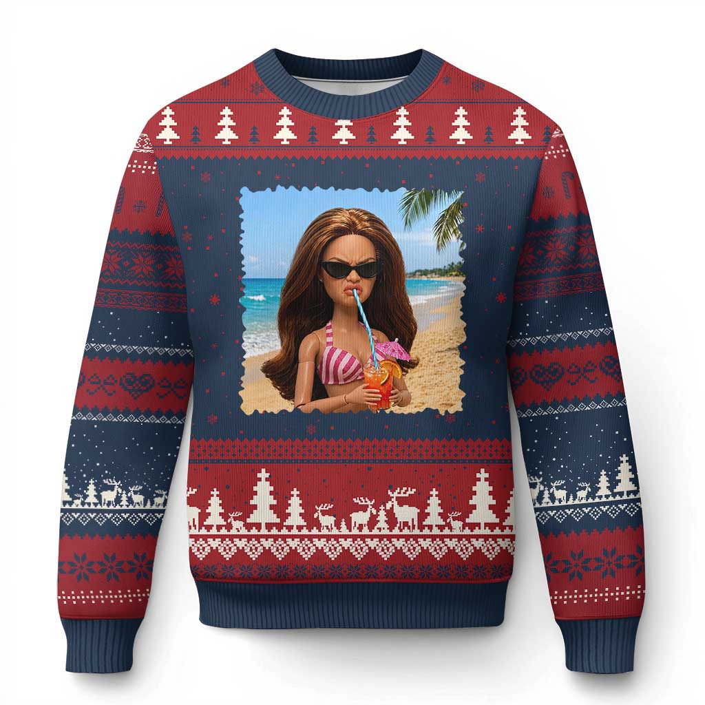 Funny Summer Doll Face Meme Ugly Christmas Sweater Tropical Beach Party Graphic