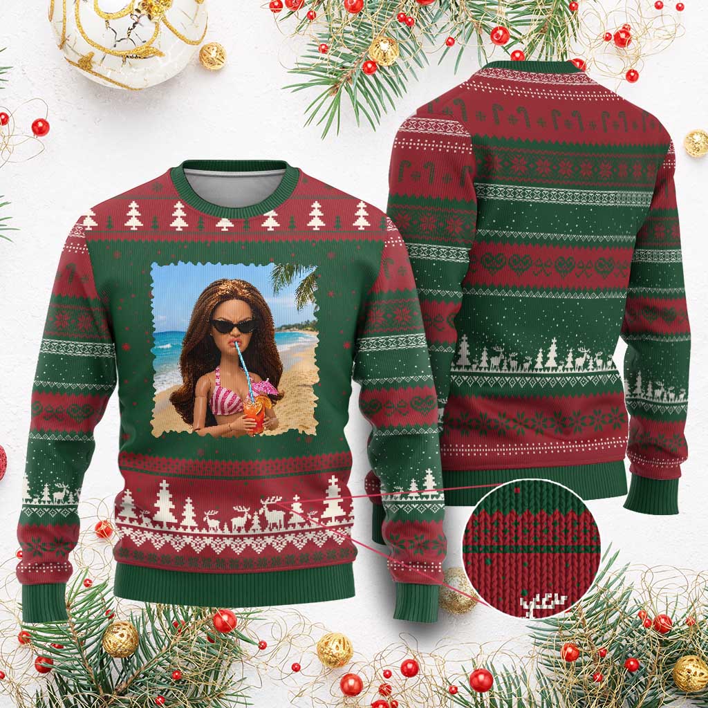 Funny Summer Doll Face Meme Ugly Christmas Sweater Tropical Beach Party Graphic