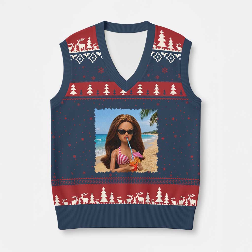 Funny Summer Doll Face Meme V-Neck Knit Sweater Vest Tropical Beach Party Graphic