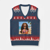 Funny Summer Doll Face Meme V-Neck Knit Sweater Vest Tropical Beach Party Graphic