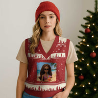 Funny Summer Doll Face Meme V-Neck Knit Sweater Vest Tropical Beach Party Graphic