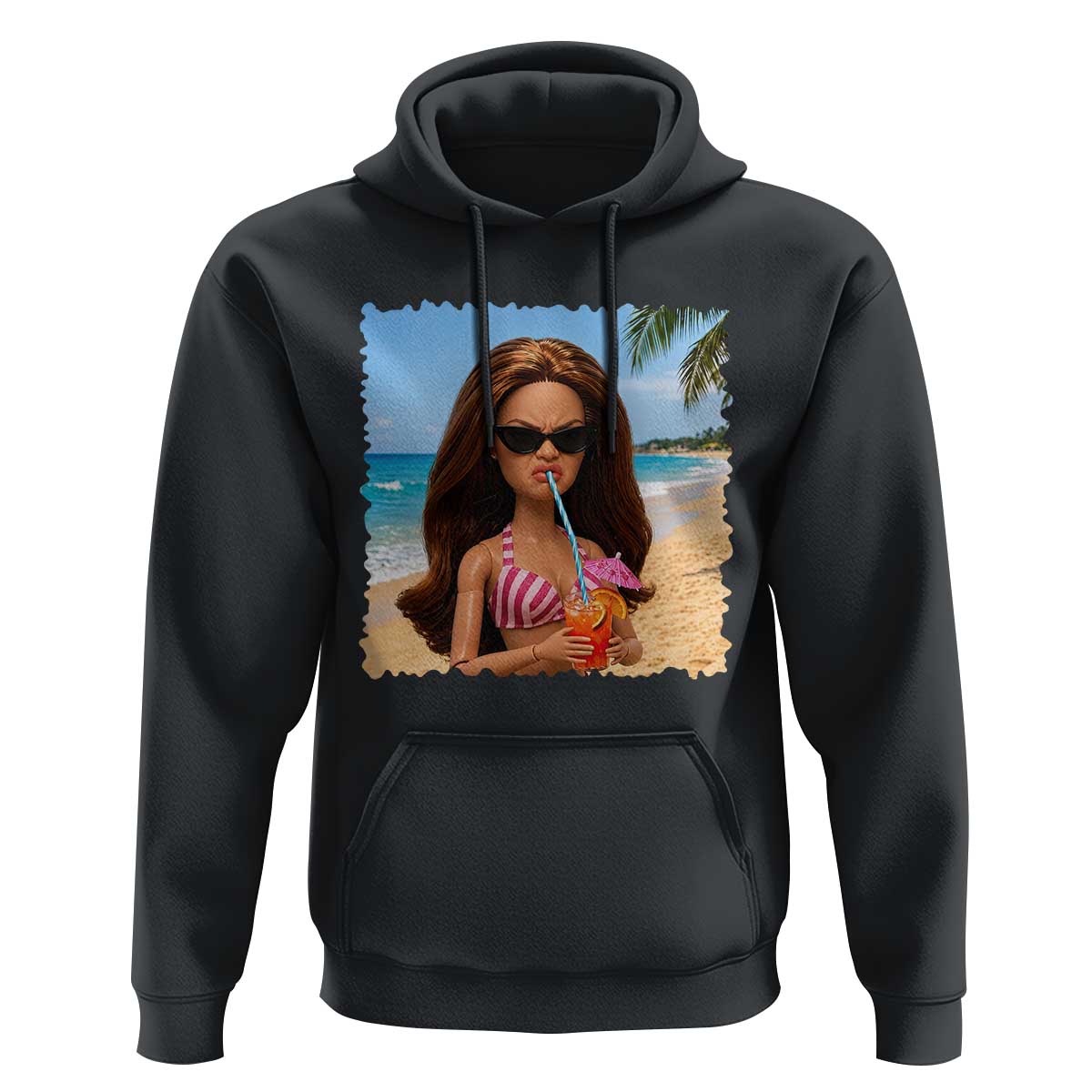 Funny Summer Doll Face Meme Hoodie Tropical Beach Party Graphic