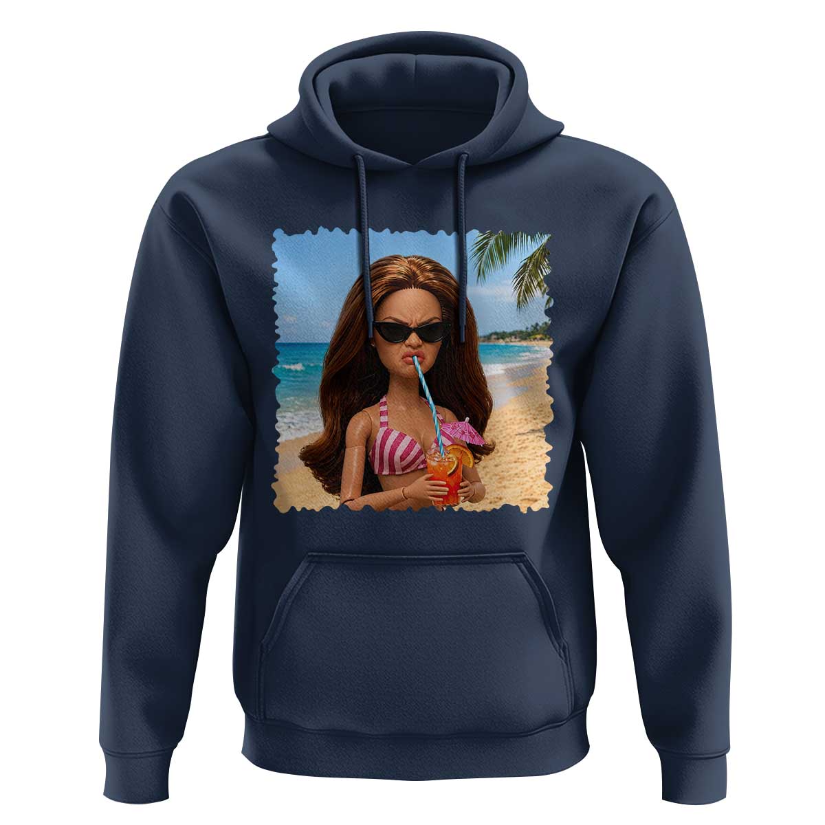 Funny Summer Doll Face Meme Hoodie Tropical Beach Party Graphic