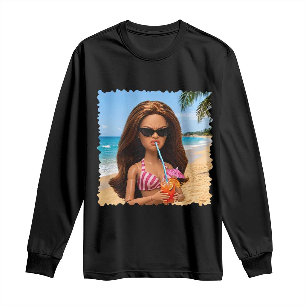 Funny Summer Doll Face Meme Long Sleeve Shirt Tropical Beach Party Graphic