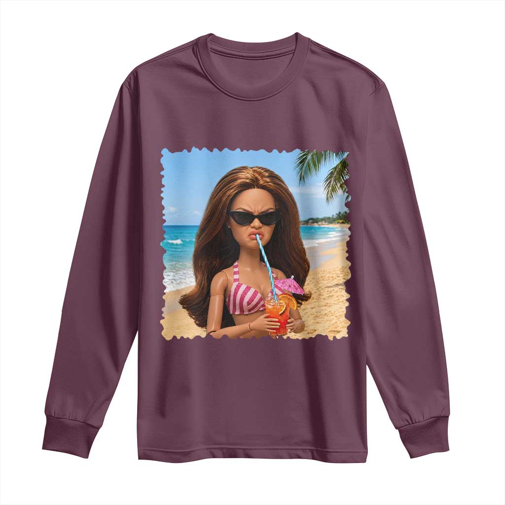 Funny Summer Doll Face Meme Long Sleeve Shirt Tropical Beach Party Graphic