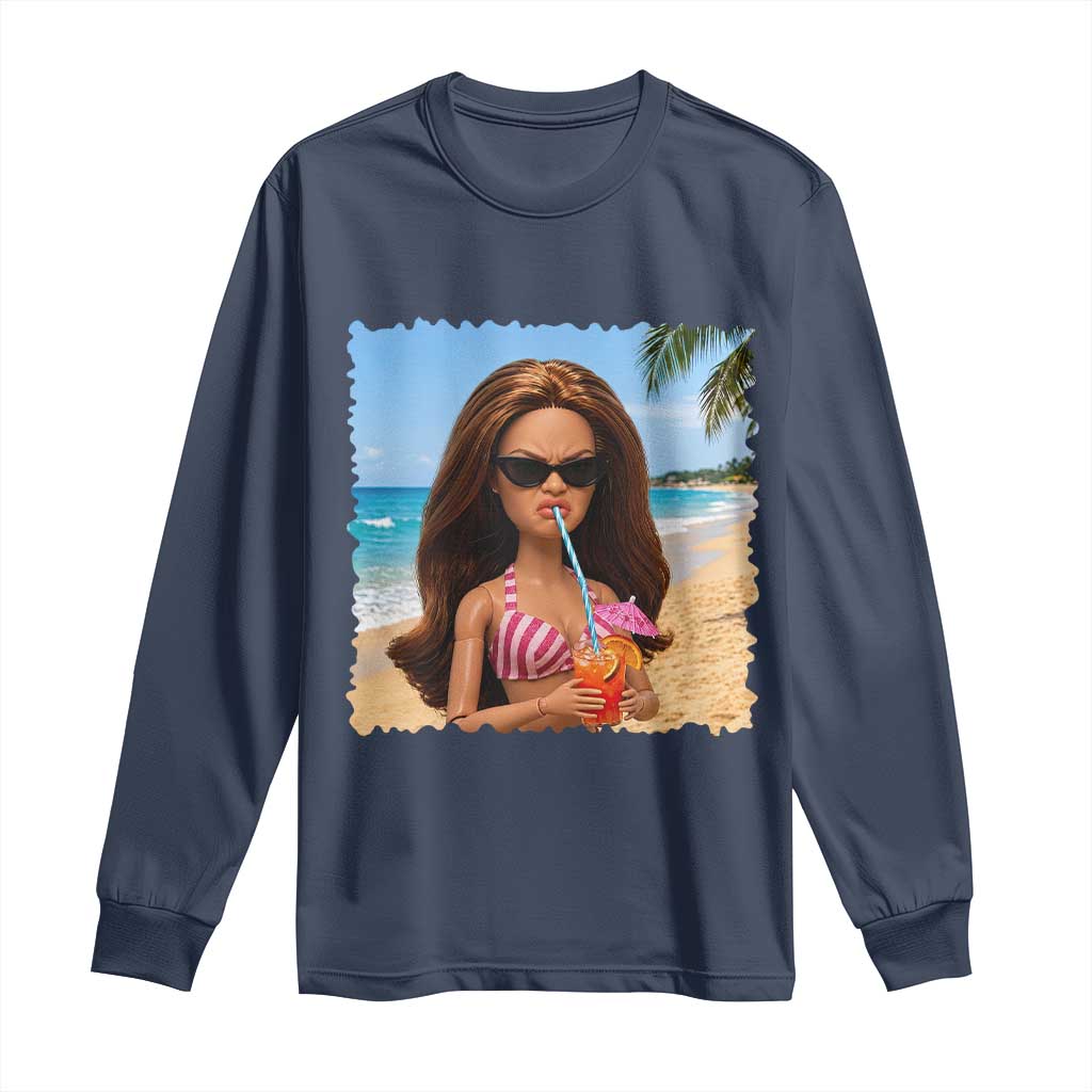 Funny Summer Doll Face Meme Long Sleeve Shirt Tropical Beach Party Graphic