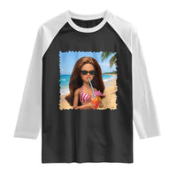 Funny Summer Doll Face Meme Raglan Shirt Tropical Beach Party Graphic