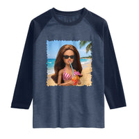 Funny Summer Doll Face Meme Raglan Shirt Tropical Beach Party Graphic