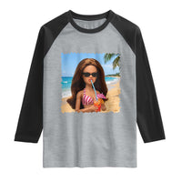 Funny Summer Doll Face Meme Raglan Shirt Tropical Beach Party Graphic