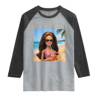 Funny Summer Doll Face Meme Raglan Shirt Tropical Beach Party Graphic