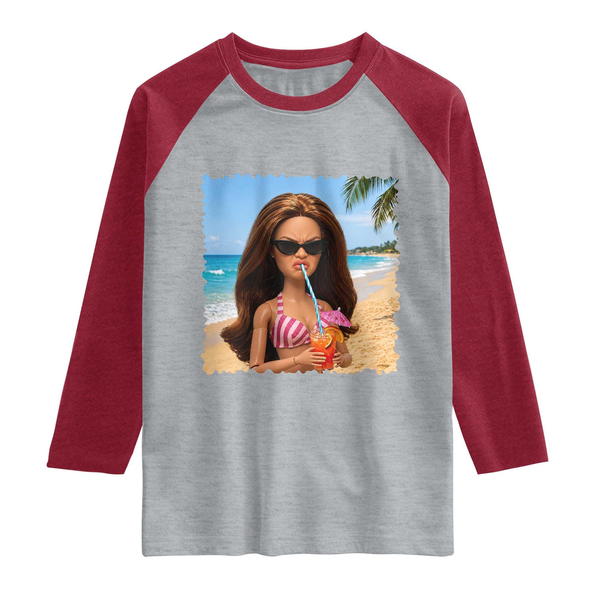 Funny Summer Doll Face Meme Raglan Shirt Tropical Beach Party Graphic