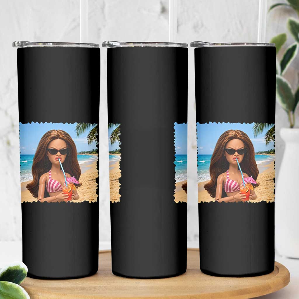Funny Summer Doll Face Meme Skinny Tumbler Tropical Beach Party Graphic