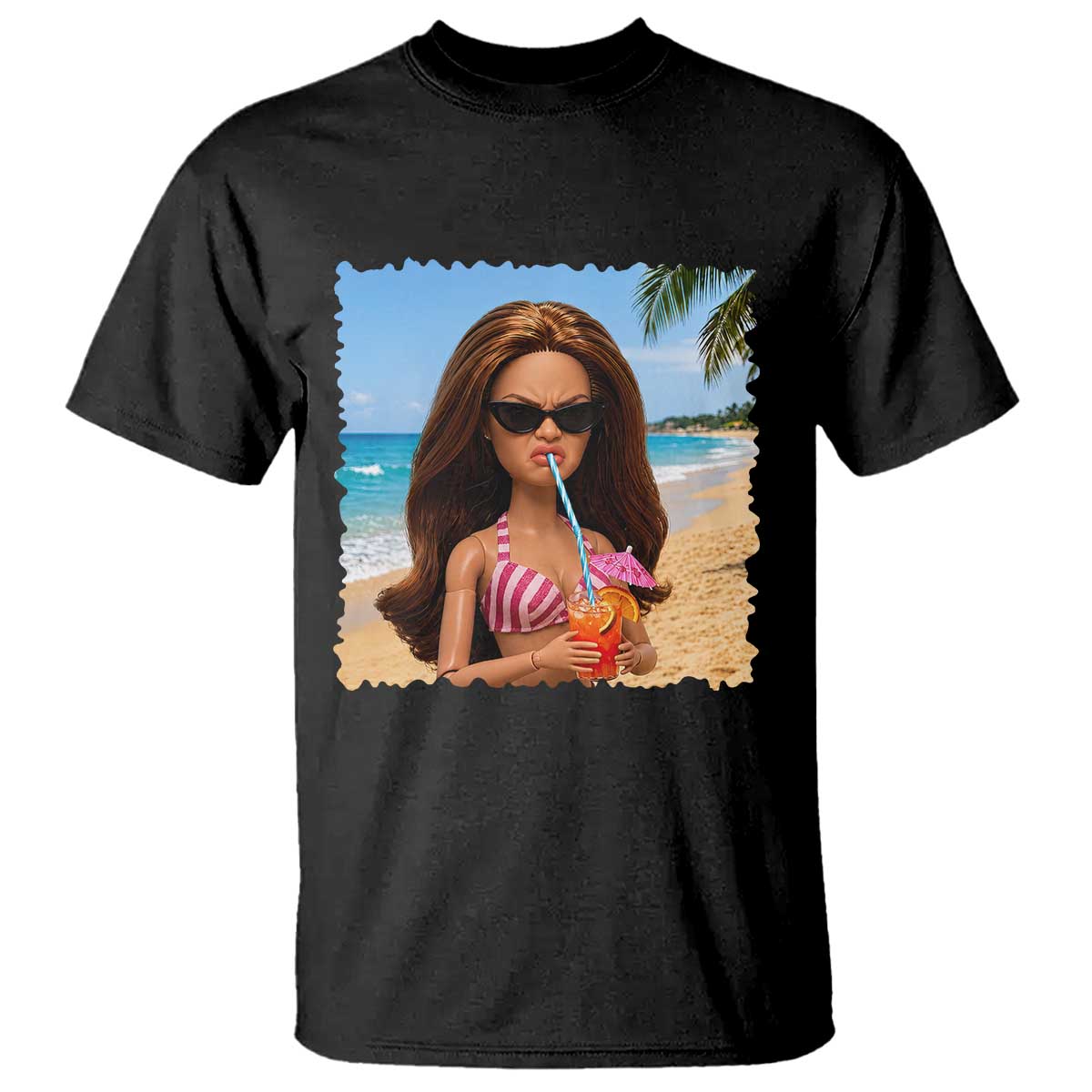 Funny Summer Doll Face Meme T Shirt Tropical Beach Party Graphic