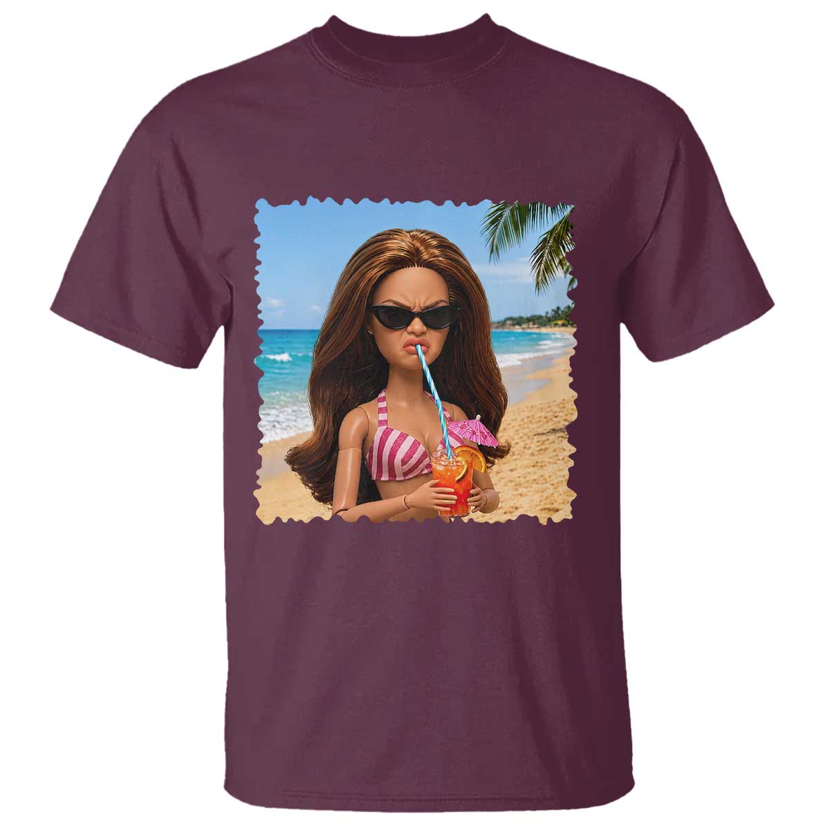 Funny Summer Doll Face Meme T Shirt Tropical Beach Party Graphic