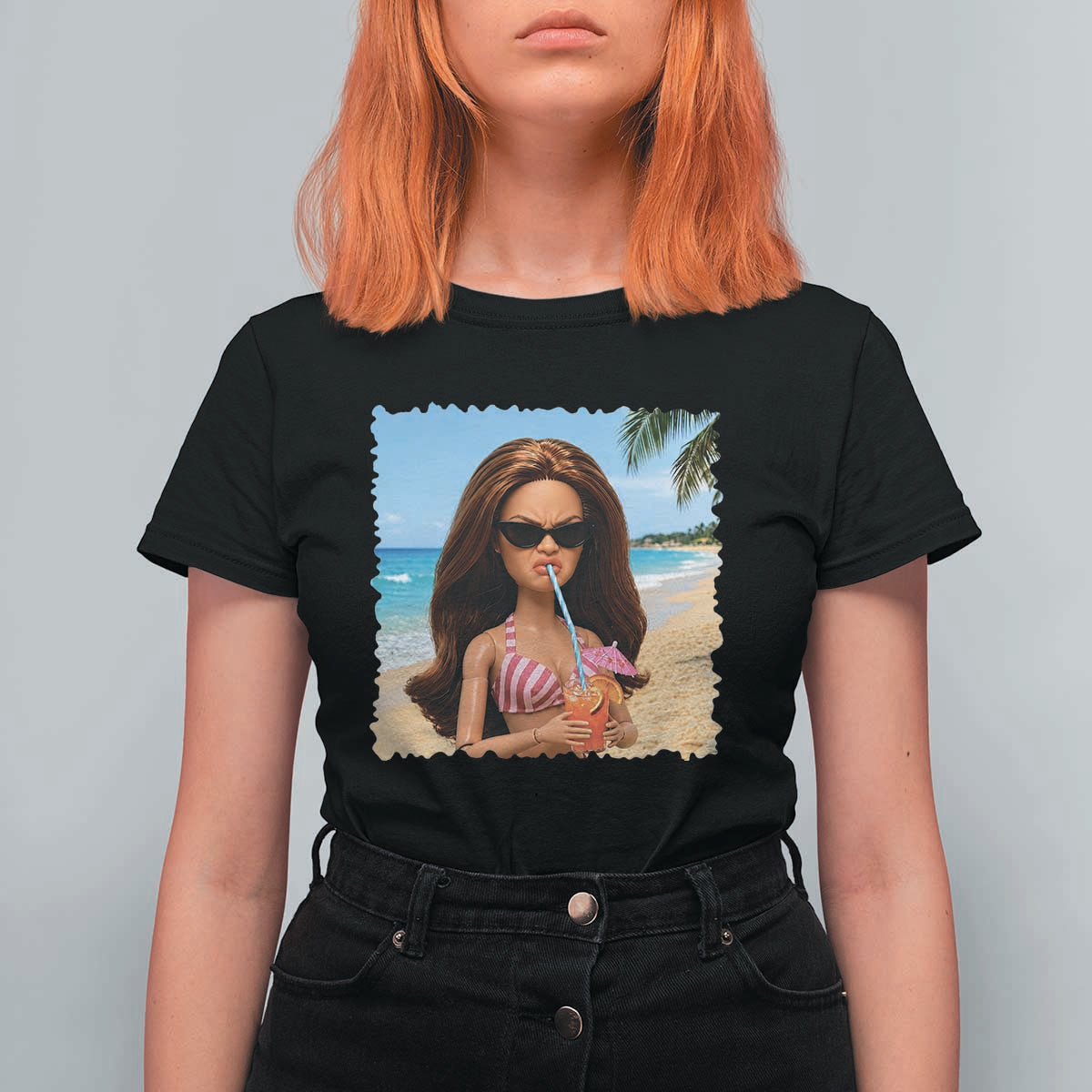 Funny Summer Doll Face Meme T Shirt For Women Tropical Beach Party Graphic
