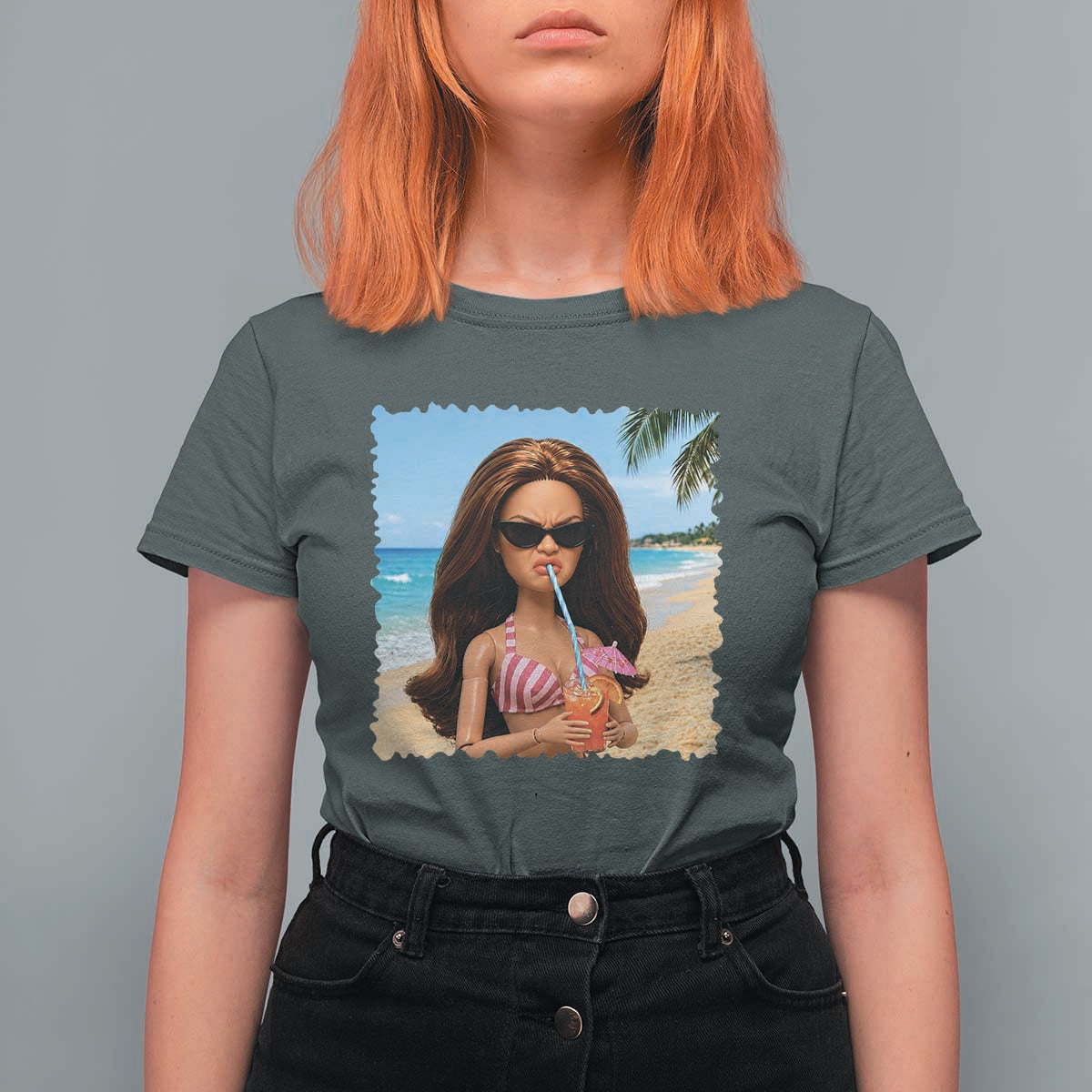 Funny Summer Doll Face Meme T Shirt For Women Tropical Beach Party Graphic